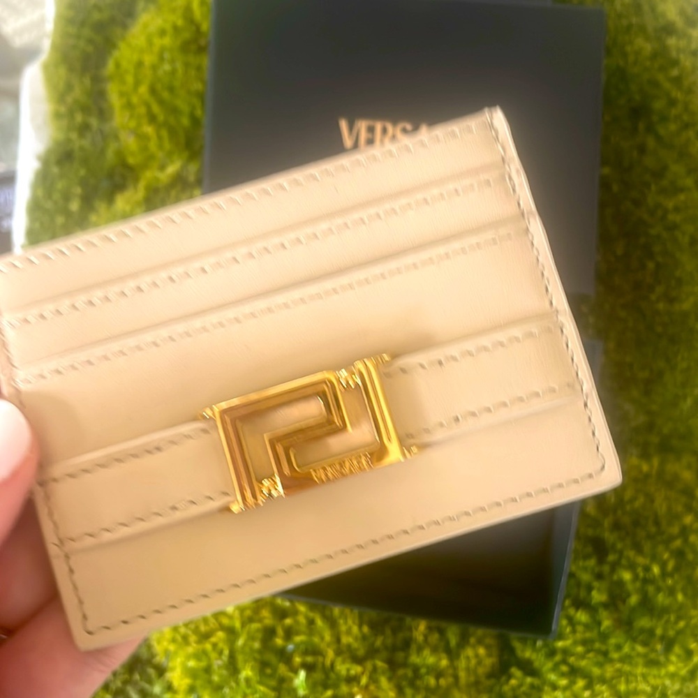 Versace New in Box Card Holder. Cream leather with gold Greca embellishment.